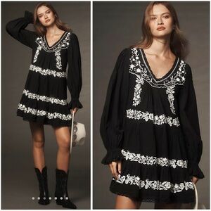 ANTHROPOLOGIE Cottagecore Embroidered Pintuck Tiered Swing Mini Dress Sz XS NWT